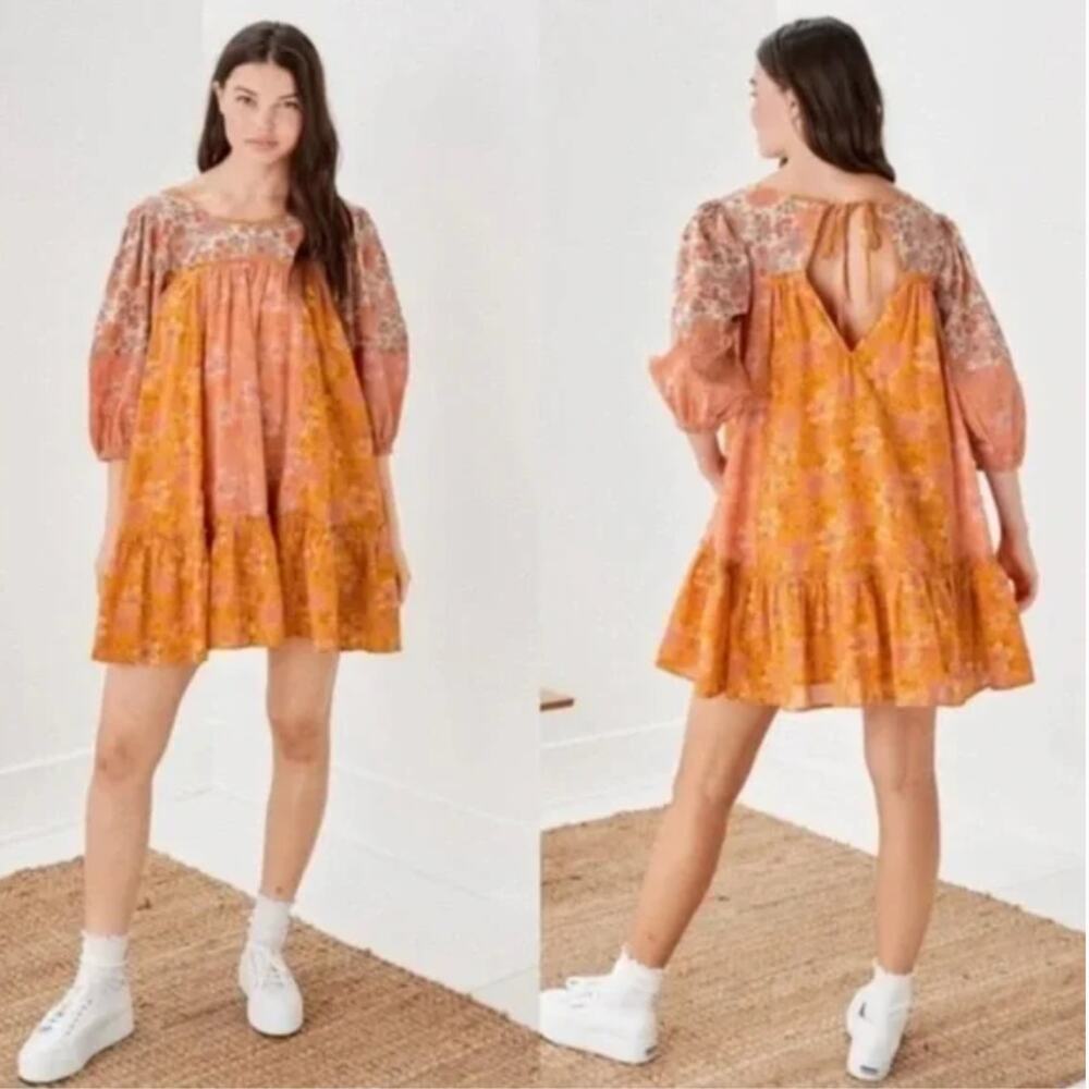 American Eagle Mini Babydoll Tiered Dress S Orange Mod Floral Boho Fairy Whimsy